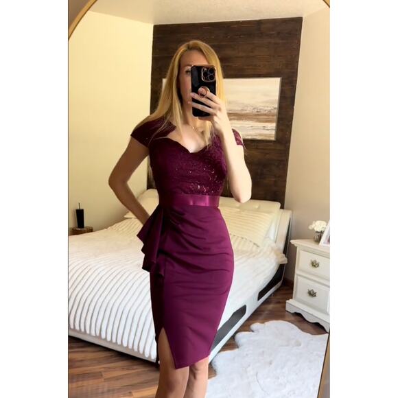 NWT MIUSOL Sequin Party Cocktail Midi Dress L Sweetheart Neck Cap Sleeve Maroon - Picture 3 of 13